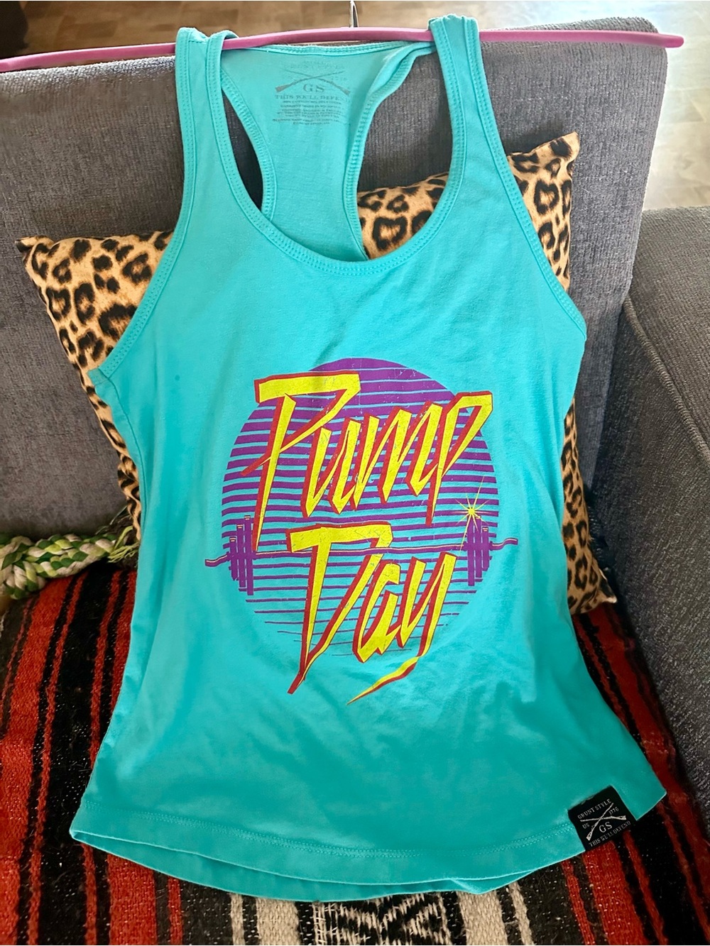 Grunt Style Turquoise Racerback Tank with Yellow & Purple Graphic